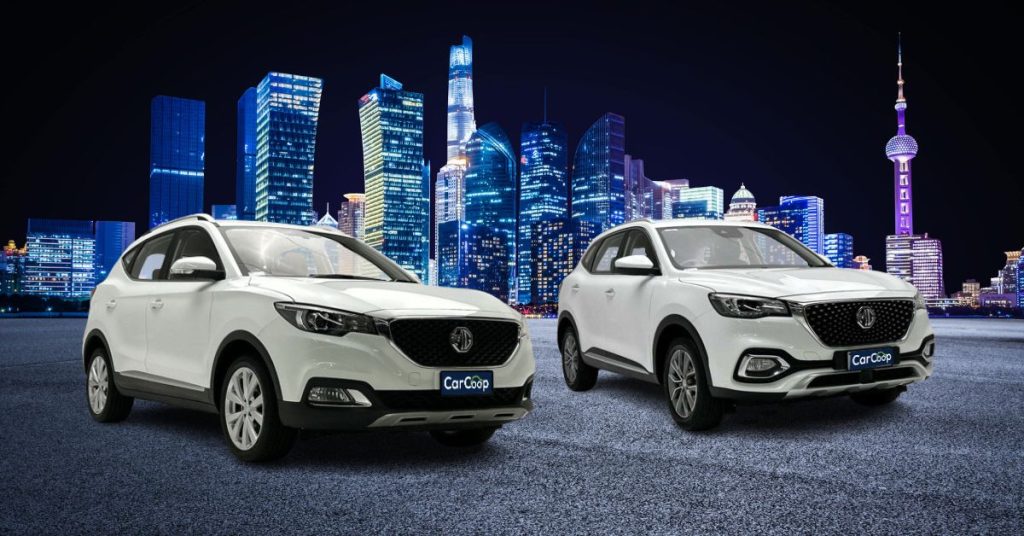 MG ZS and MG HS compact SUVs parked in Brisbane city skyline
