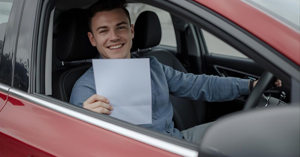 Happy driver in front of MG ZS holding rent-to-own contract with CarCoop logo