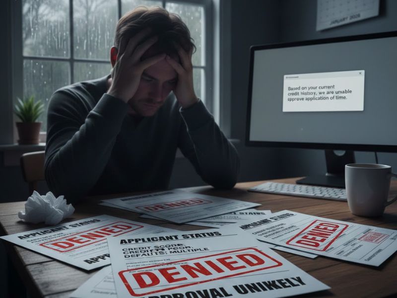 Applicant holding head in frustration after loan rejection, highlighting strict eligibility criteria and credit assessment.