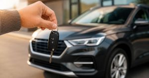 Lease a Car With a Bad Credit Score – hand holding car keys in front of a black SUV