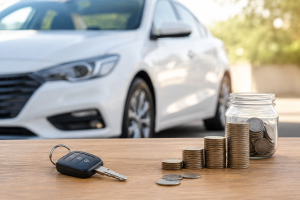Car key, savings jar, and stacked coins in front of a vehicle illustrating the financial comparison of leasing vs buying a car in Australia.