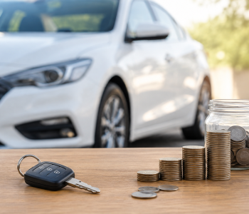 Car key, savings jar, and stacked coins in front of a vehicle illustrating the financial comparison of leasing vs buying a car in Australia.