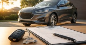 Pros and Cons of Leasing a Car with a grey SUV, car keys, lease documents and pen