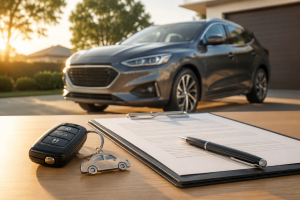 Pros and Cons of Leasing a Car with a grey SUV, car keys, lease documents and pen