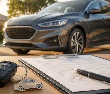 Pros and Cons of Leasing a Car with a grey SUV, car keys, lease documents and pen
