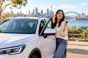 Car lease requirements for Australian drivers, showing a woman standing beside a white SUV near Sydney Harbour.