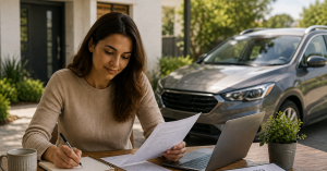 What Are the Ongoing Costs of Having a Leased Car? Woman reviewing vehicle documents beside a laptop and parked SUV