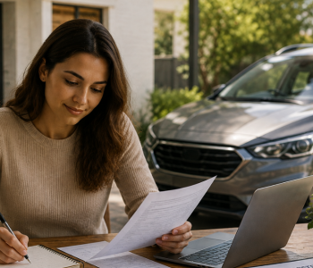 What Are the Ongoing Costs of Having a Leased Car? Woman reviewing vehicle documents beside a laptop and parked SUV