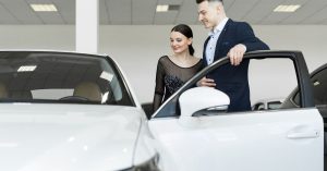 Budget car subscription guide featuring a couple inspecting a white car at a dealership.