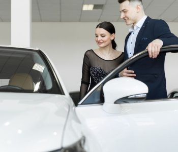 Budget car subscription guide featuring a couple inspecting a white car at a dealership.