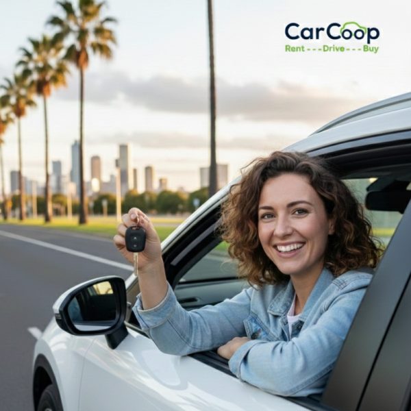 Smiling woman holding car keys while sitting in a white car, representing Rent-to-Own Cars in Adelaide for flexible and affordable vehicle ownership.